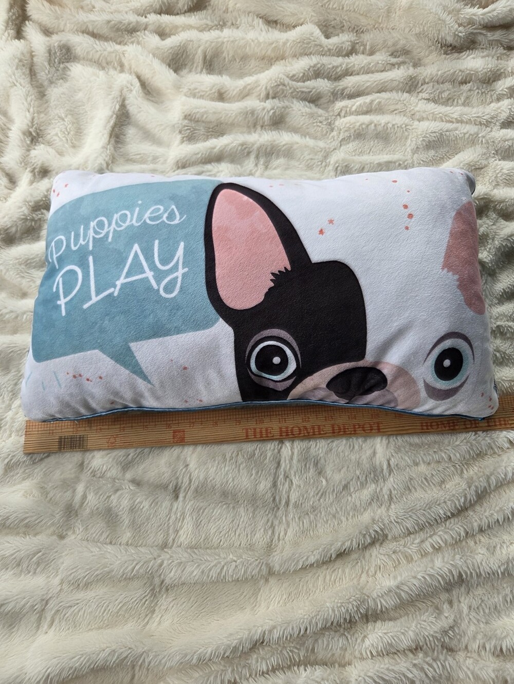 "Puppies Play" decorative throw pillow featuring a cute puppy illustration merma
